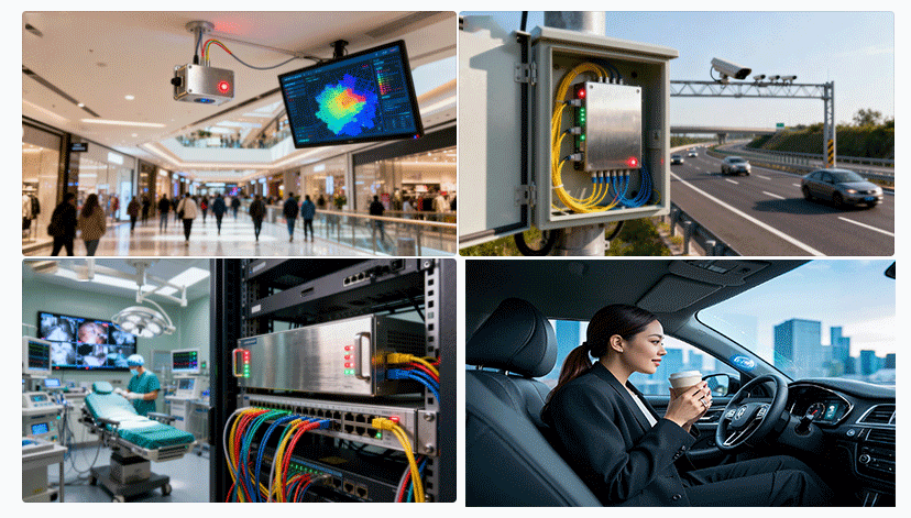 光開(kāi)關(guān)在室內定位、智能交通、醫療通信等典型場(chǎng)景示意圖 - 廣西科毅