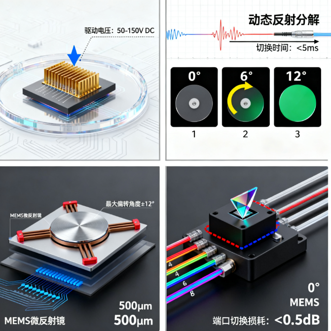MEMS光開(kāi)關(guān)工作原理靜電驅動(dòng)微反射鏡光路切換光通信