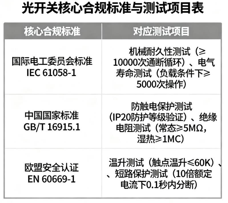 光開(kāi)關(guān)行業(yè)標準合規測試項目認證要求